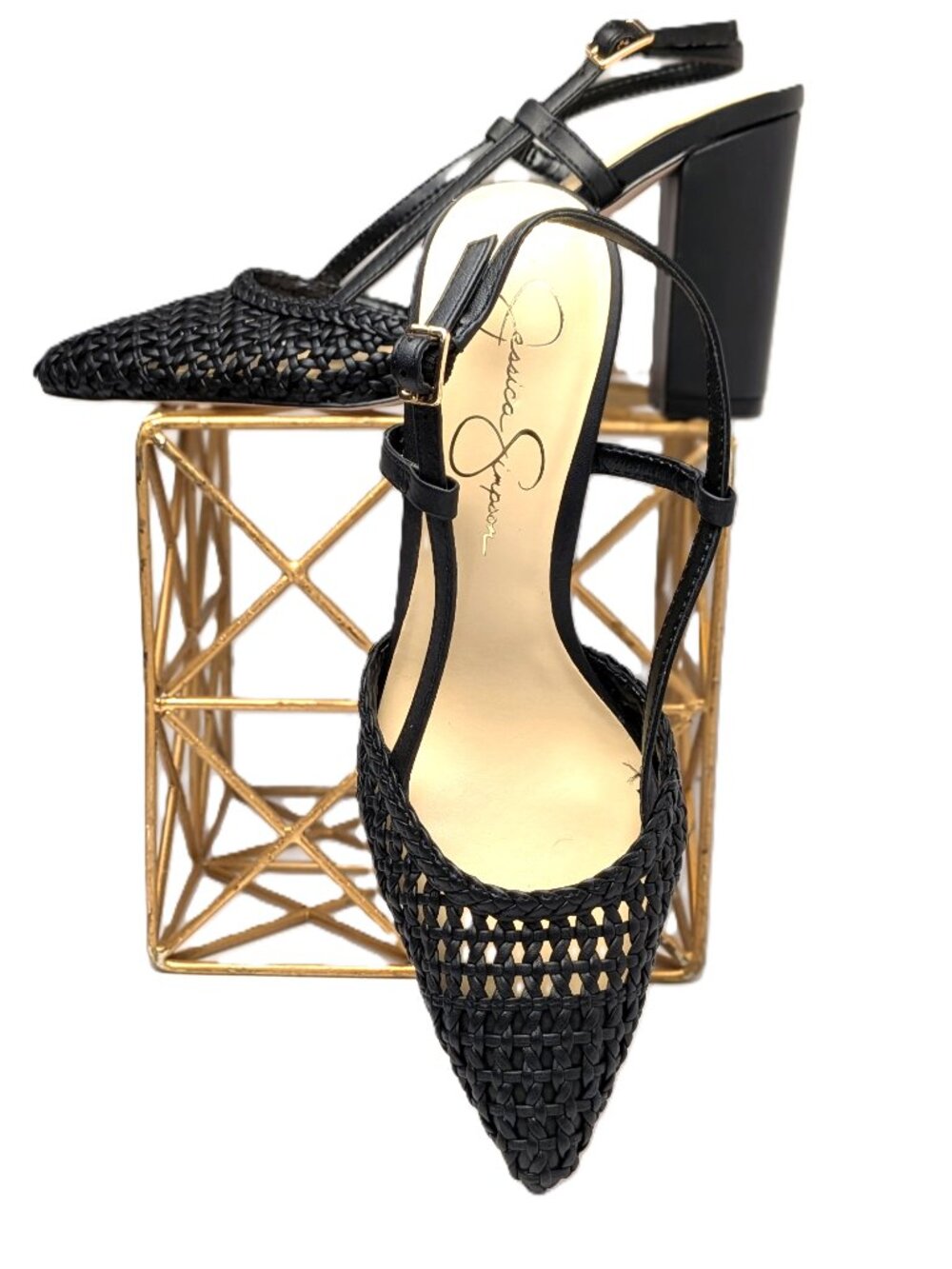 Jessica Simpson Nyara Black Woven Pointed Toe Block Heel Buckle Size 7.5